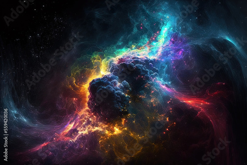 Black background with multicolored fractal nebula dust. Generative AI