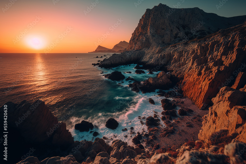 A magnificent sunset view with rocky cliffs near the sea and a hazy sky. Generative AI