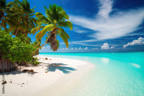 Amazing tropical nature wallpaper with white beach  a coral reef  a paradise island  and palm trees. Generative AI