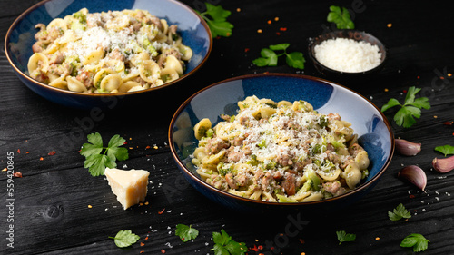 Broccoli Bolognese with Orecchiette pasta, sausage meat and parmesan cheese