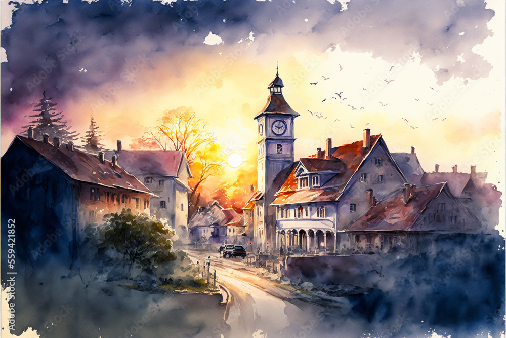Watercolour Sketch of Dreamy Village #11