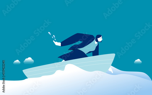 Business person in boat. Business effort and challenge concept