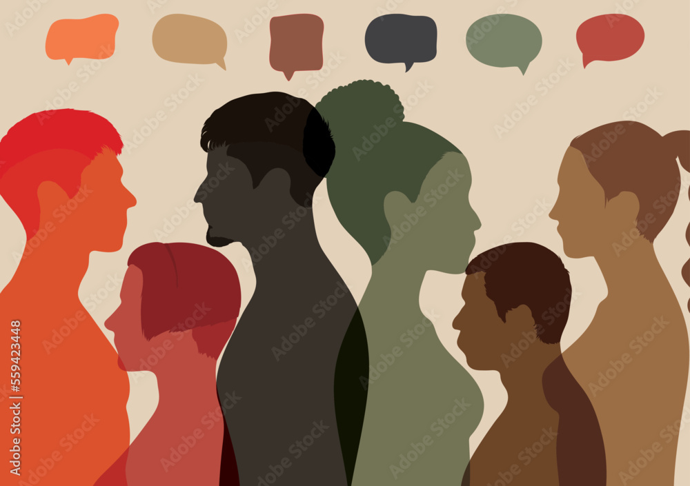 Multiethnic and multicultural people talking and dialoguing in a crowd. Vector illustration. People share ideas and communicate with each other. 