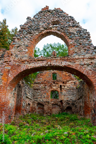 landscape with old church ruins, colorful trees in autumn, Ergeme church ruins photo