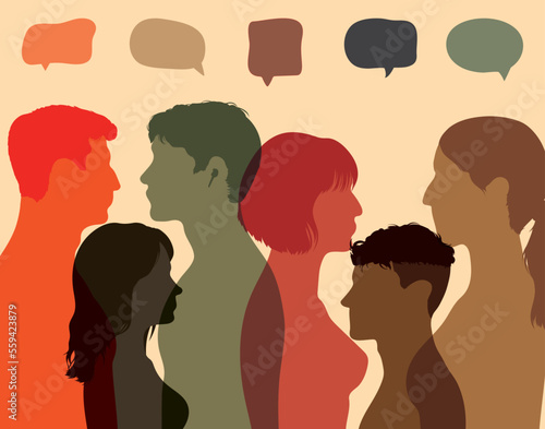 Let's talk in the community. The concept of communication and chatting with friends. Vector Illustration. Meeting and networking with a diverse group of people. Speech bubbles. 