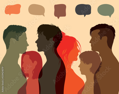 People of different ethnicities communicating. Talk about globalisation and discussion. Vector Illustration. Interactive speech bubble and dialogue group with diverse participants.