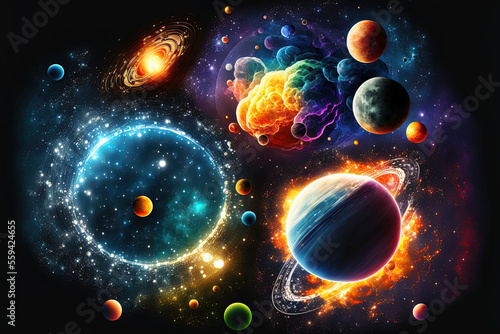 Cosmological background stars, planets, and galaxies; space and time travel;. Generative AI