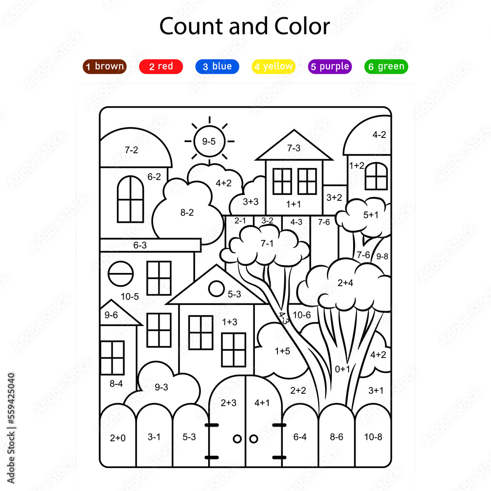 Houses line drawing coloring page with math quiz puzzle. Count and color preschool children activity.