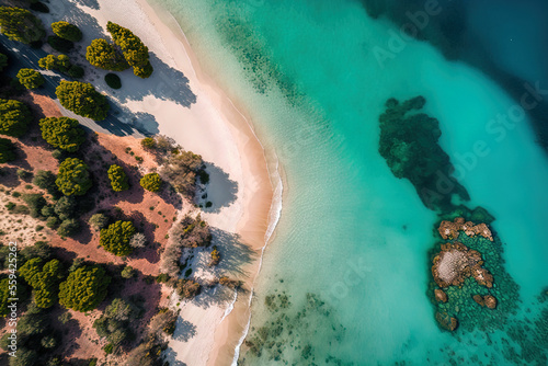 Aerial image of the blue water at Kalamaki Beach, Greece's south shore of the Athens Riviera, in the summer. Generative AI