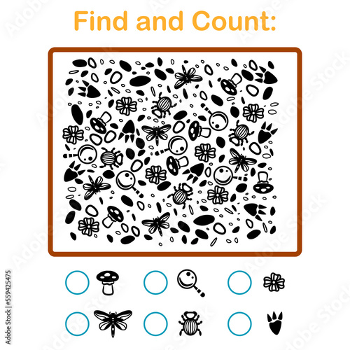 I spy game for kids. Searching and counting activity for preschool children with dino theme objects. Funny printable puzzle worksheet for kids.