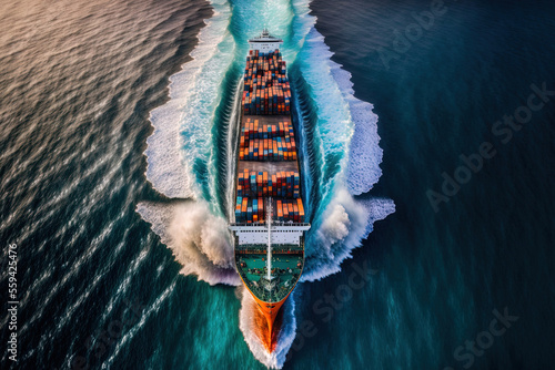 Container ships are moving at top speed over the ocean as they transport commodities for worldwide import and export, including those from Asia Pacific and Europe. aerial photography taken by a drone