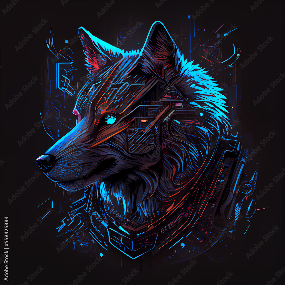 Wolf logo in style of cyber punk, futuristic neon logo with wolf ...