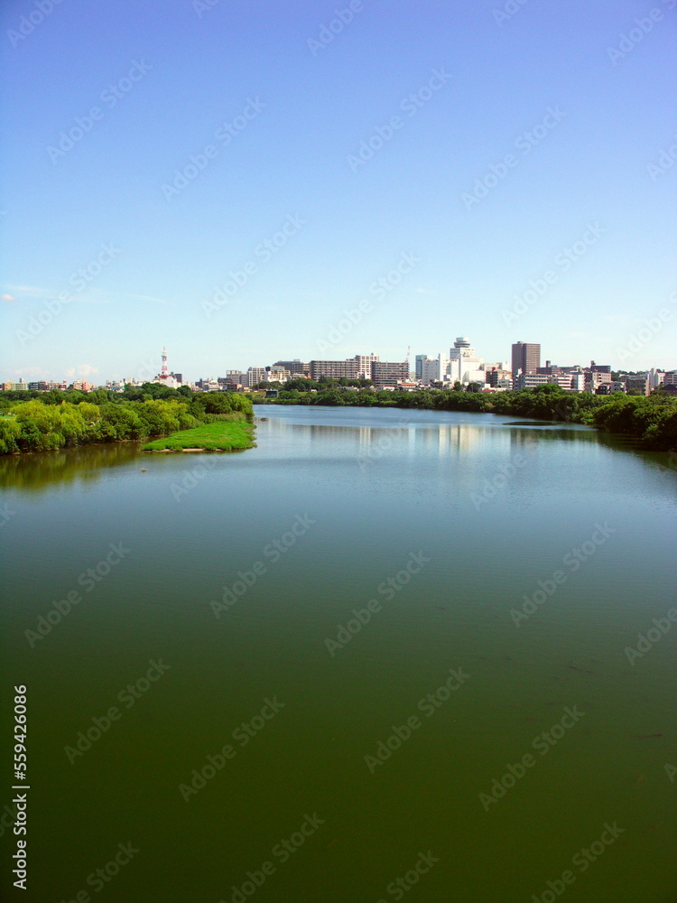 葛飾橋から松戸市街地方面を臨む初秋の江戸川風景