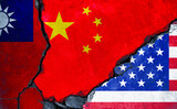 China Taiwan and USA flag on broken wall crack for conflict relation among three countries concept.