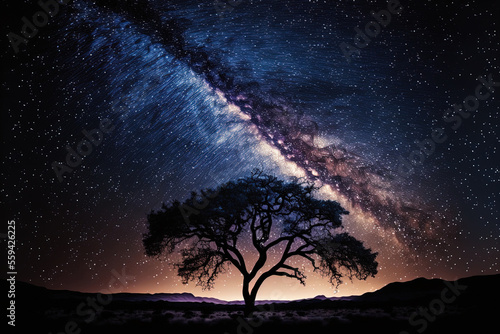 lovely Milky Way galaxy in the night sky with a tree silhouette. Generative AI