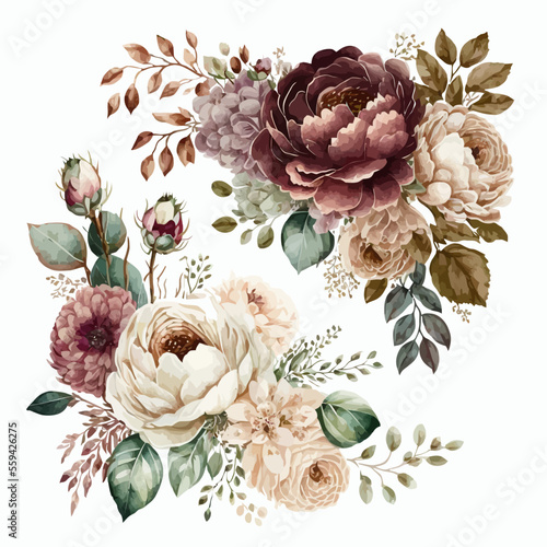 Watercolor floral illustration - couple beige, burgundy. Decorative elements template. Flat cartoon illustration isolated on white background