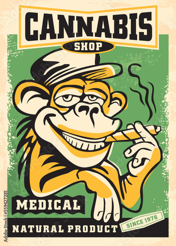 Cartoon drawing of monkey smoking marijuana joint. Retro promotional poster for medical cannabis. Vintage vector illustration.