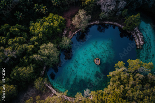 Aerial shot of Cenote Azul in the woods taken on January 15, 2018, in Yucatan, Quintana Roo, Mexico. A cenote located in the bush has pure water where people may swim. Upper View. Generative AI photo