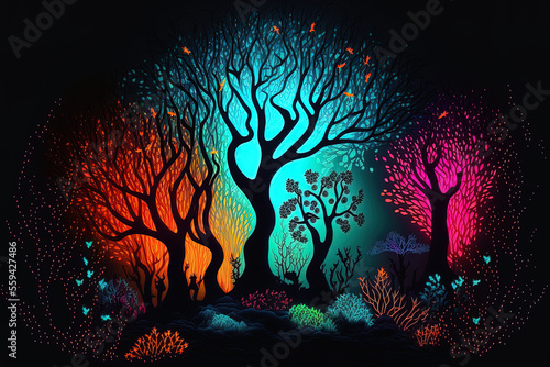 Fantasy neon woodland with dazzling colors that like a story. Generative AI