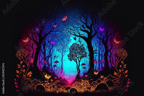Fantasy illustration of a brilliant, colorful, neon lit woodland that resembles a fairytale. Generative AI