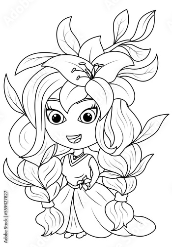 Girl with flowers in her hair. Princess Lily. Coloring book for children. Vector illustration