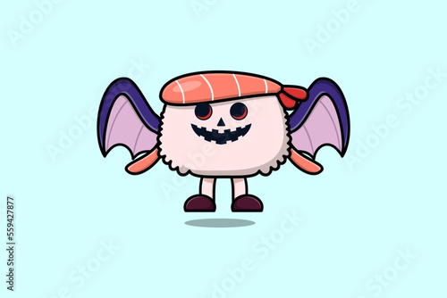 Cute mascot cartoon Sushi shrimp character Scary bats pumpkin halloween illustration
