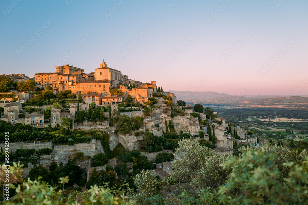 Panoramic sunset view of Gordes in Provence, France