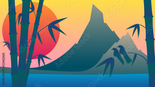 afternoon bamboo siluet and mountain vies