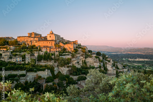 Panoramic sunset view of Gordes in Provence, France