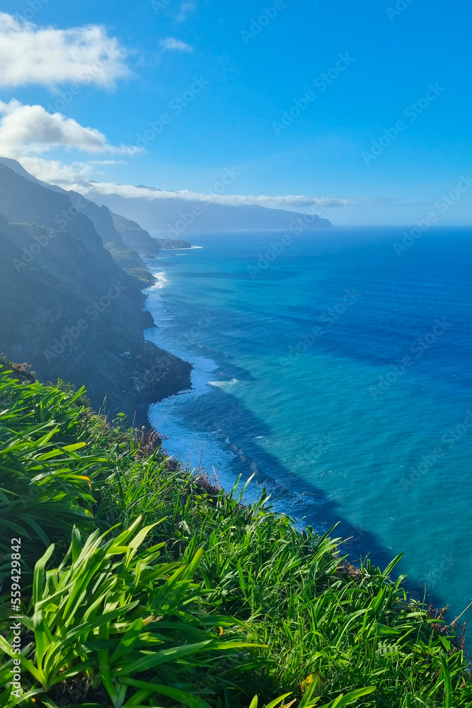 View from a height on the coastline of the island of Madeira, Portugal.