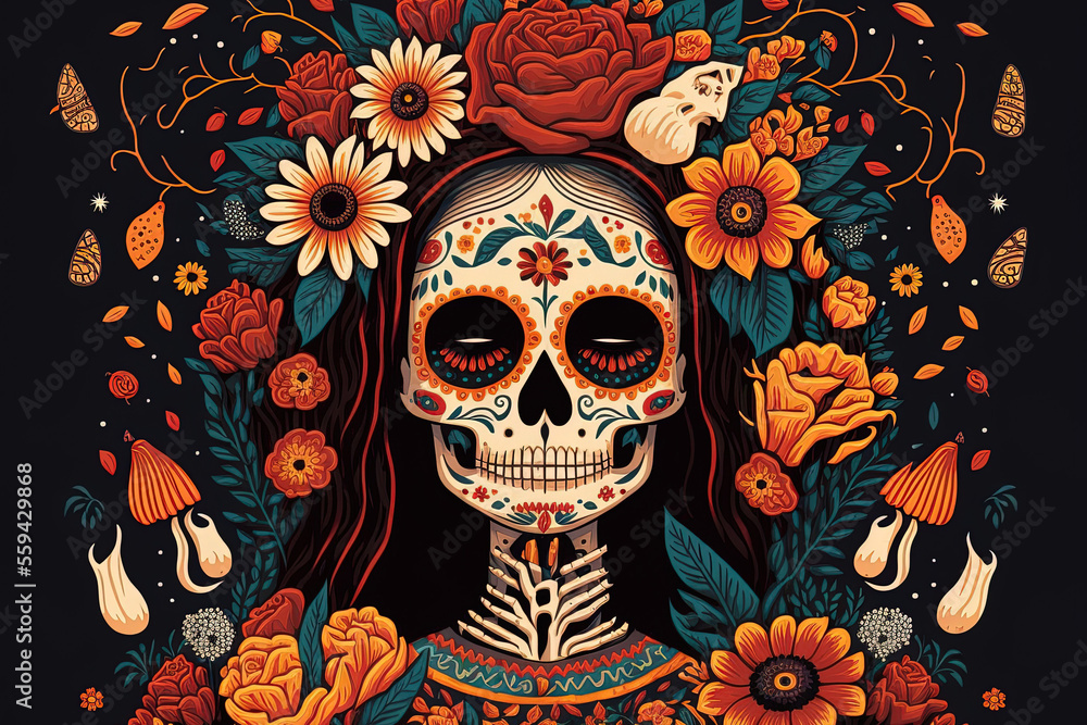 Stunning Day of the Dead illustration. Generative AI Stunning Day of the Dead illustration. Generative AI