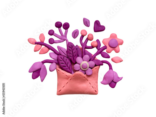 Set various flowers, leaves, herbs in a plasticine envelope. Pink and lilac plasticine clay 3D illustration isolated on white background, cute dough shape.