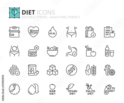 Simple set of outline icons about diet  healthy food.
