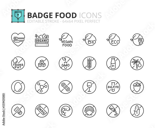 Simple set of outline icons about badge food
