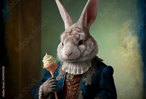 Rabbit aristocrat with ice cream. Vintage outfit with ruff. White millstone collar. Generative Ai Art. Antique style portrait of a bunny in ruff collar.