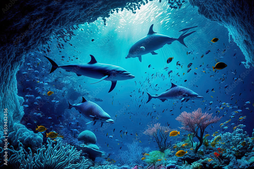 Fototapeta premium Blue sea wildness, the world's ocean, and stunning undersea. Generative AI