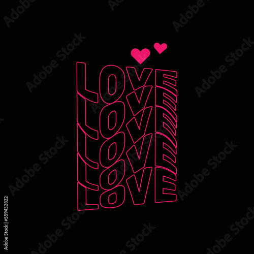 Love word with couple pink hearts in warp or wave text style for banner, web design, poster, card or decorate. Typography Vector design template.