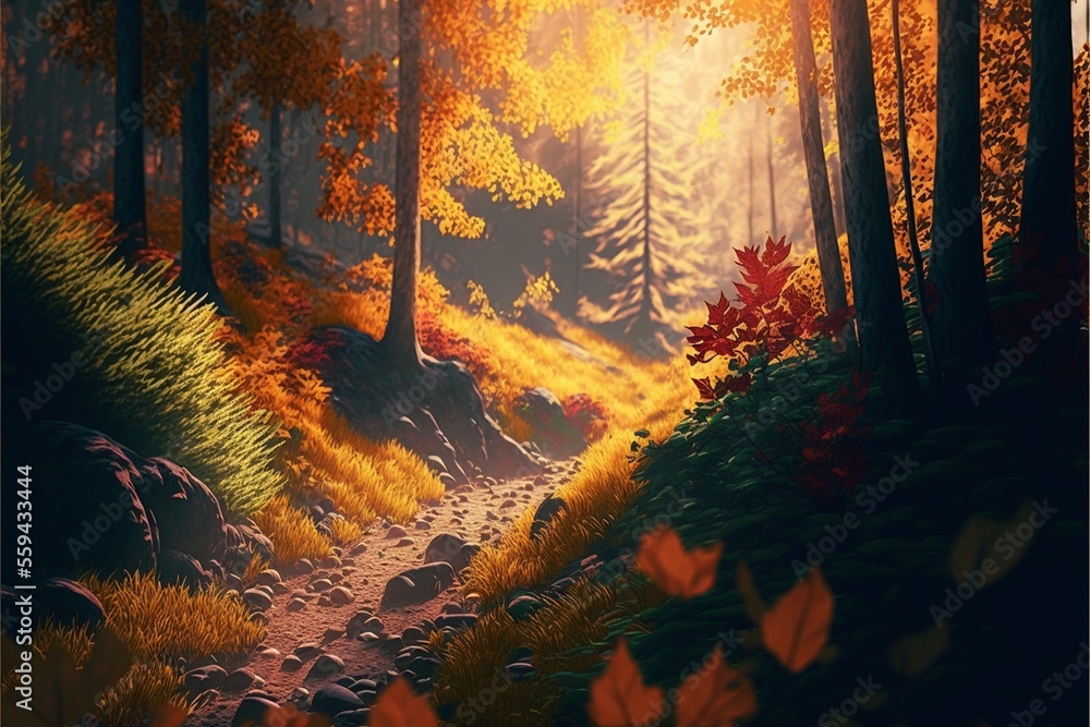 秋 紅葉 山 自然 森 風景 イラスト 背景 道 旅