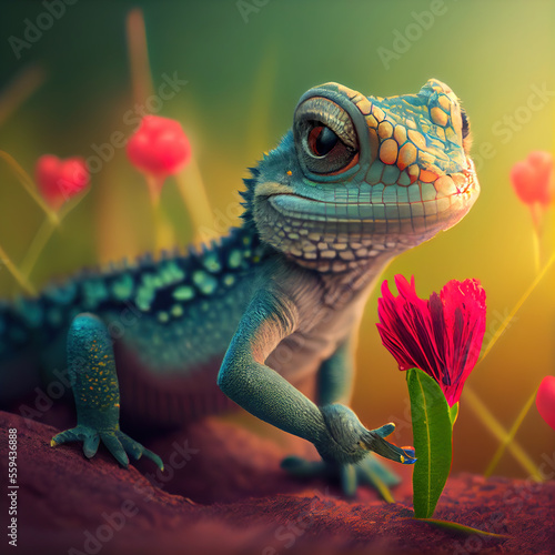 Cute lizzard with red heart and flowers  Generative AI