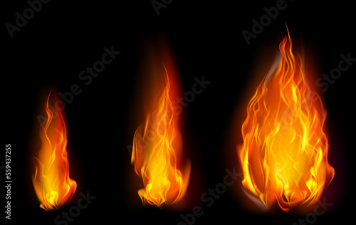Fire PNG. Realistic Fire Flames set with smoke and sparkles transparent on dark background. Burning red wildfire flames set, burn bonfire silhouette and blazing fiery spurts of flame