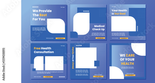 Medical social media post template design collection. Modern banner with blue and white background and place for the photo. Usable for social media, banner, and website.