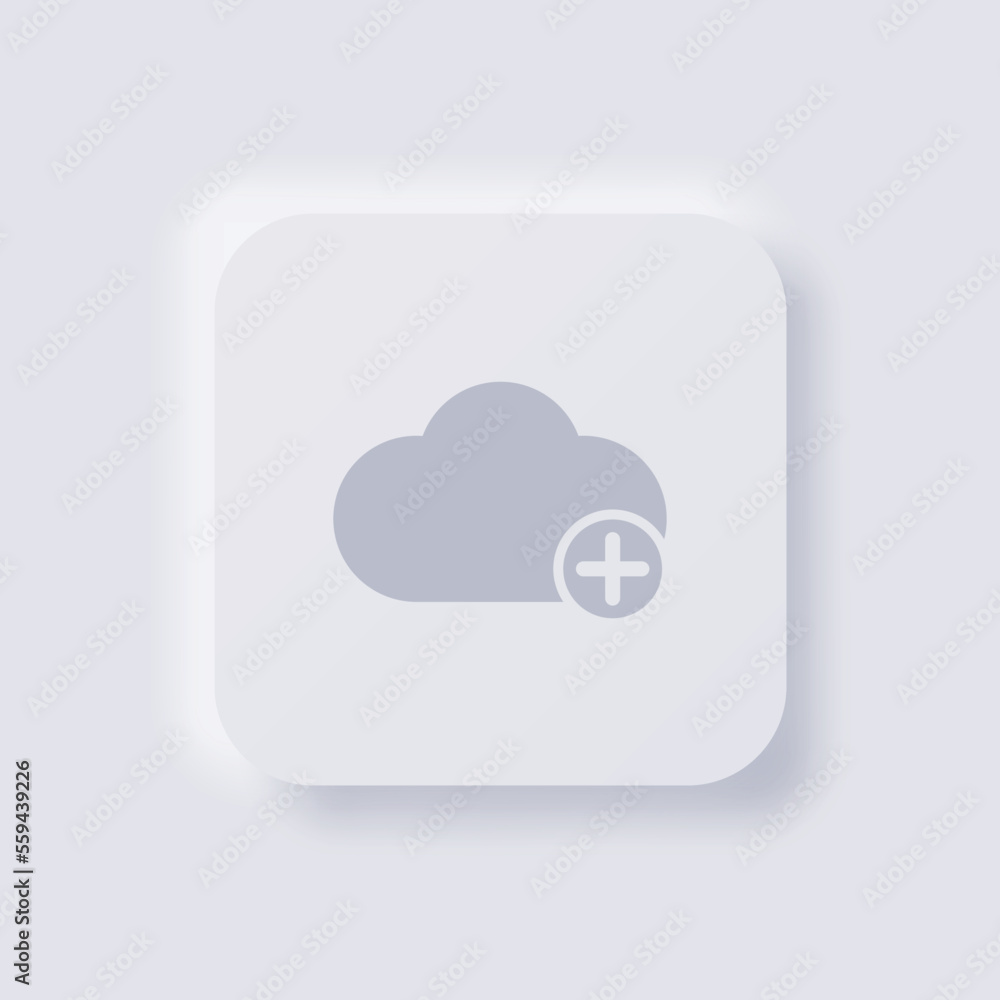 Cloud icon with plus symbol, White Neumorphism soft UI Design for Web design, Application UI and more, Button, Vector. Cloud icon with plus symbol, White Neumorphism soft UI Design for Web design, Application UI and more, Button, Vector.