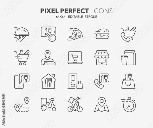 Food delivery thin line icons