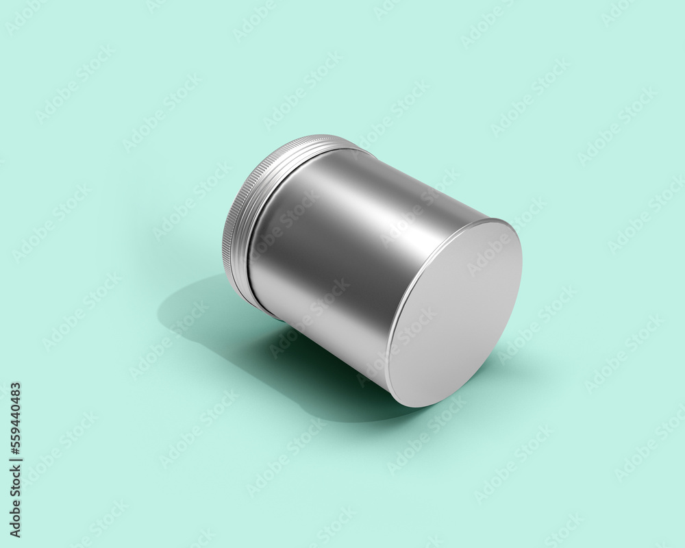 Metal tin can mockup isolated. Packaging design for food branding. 3D rendering metal container for spices, cereals, snacks, sugar.
Metal tin can mockup isolated. Packaging design for food branding. 3D rendering metal container for spices, cereals, snacks, sugar.