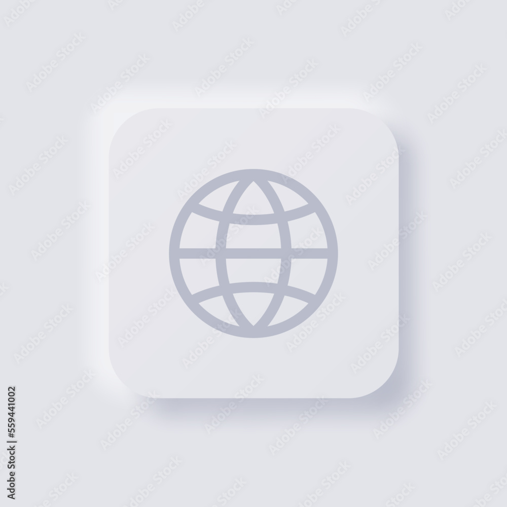 Globe icon, White Neumorphism soft UI Design for Web design, Application UI and more, Button, Vector. Globe icon, White Neumorphism soft UI Design for Web design, Application UI and more, Button, Vector.