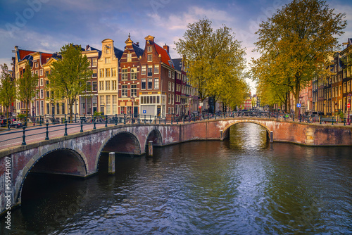 Spectacular old bridges over the water canals in Amsterdam, Netherlands