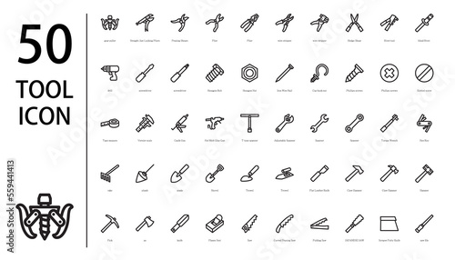 Set of tools icon with hammer, spanner, and saw.