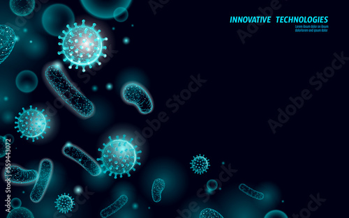 Microscope virus 3D low poly render. Laboratory analysis infection virus influenza flu pneumonia. Modern science technology medicine vector illustration