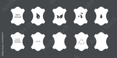Sustainable eco vegan leather symbols set for clothes tag. Vector stock illustration isolated on black background. 