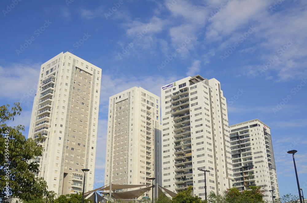 real estate in israel. Beautiful new buildings, apartment buildings. Modern housing. Concept: investment, loan, mortgage, rent, sale real estate in israel. Beautiful new buildings, apartment buildings. Modern housing. Concept: investment, loan, mortgage, rent, sale